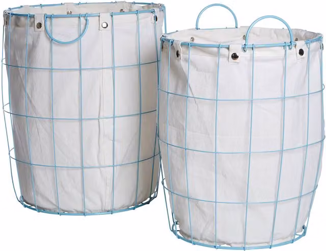 Orsina Set of Two Round Wire Laundry Baskets with Handles and Removable Cotton Bags in Blue and Grey