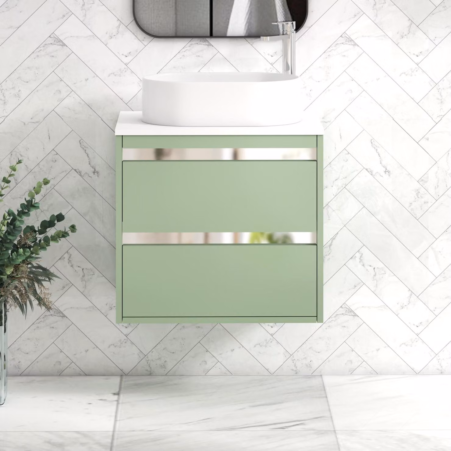Royal Bathrooms Orion 600mm Wall Hung Vanity Unit in Mint Sage Green with White Peak Basin and Chrome Accent Trim
