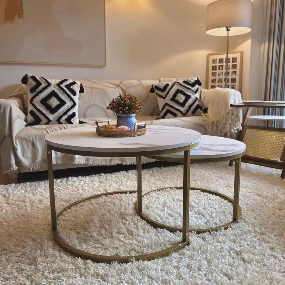 STILVORA Round Nesting Coffee Table Set of 2 with White MDF Tops and Gold Metal Frame – 5