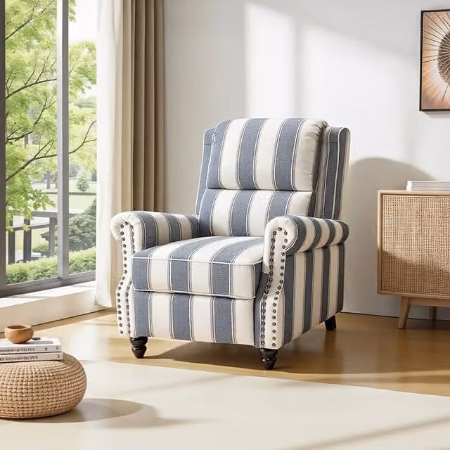 Livingandhome Modern Blue and White Striped Fabric Upholstered Armchair with Integrated Footrest