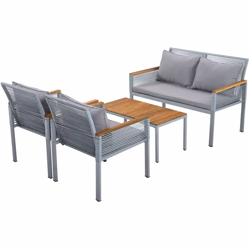 Rolipo Grey Poly Rattan 4-Seater Garden Lounge Set with Cushions and Acacia Wood Coffee Table – 4