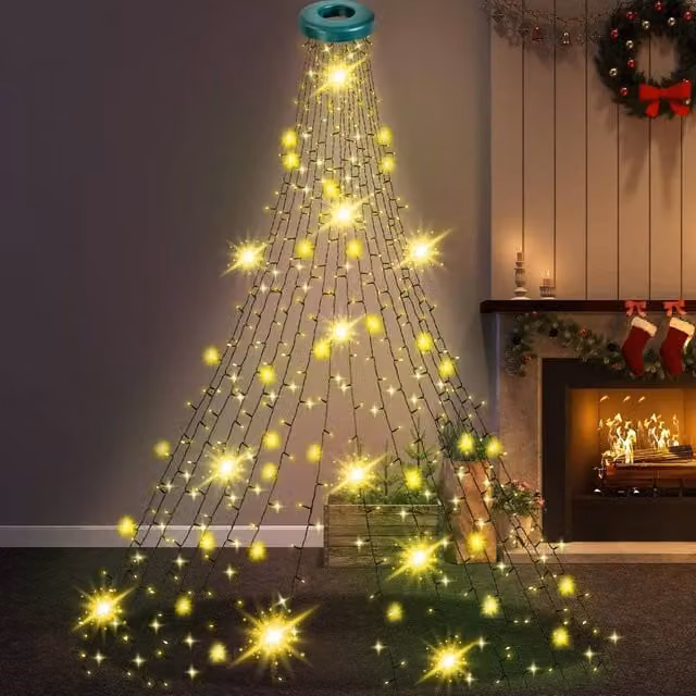 Globrite Warm White LED Christmas Tree Curtain Lights with Ring and Timer – 1