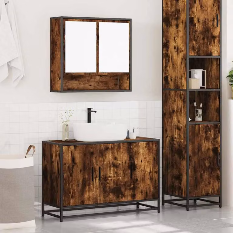 Berkfield Home 2 Piece Industrial Bathroom Furniture Set with Vanity Unit and Mirror Cabinet in Smoked Oak Brown