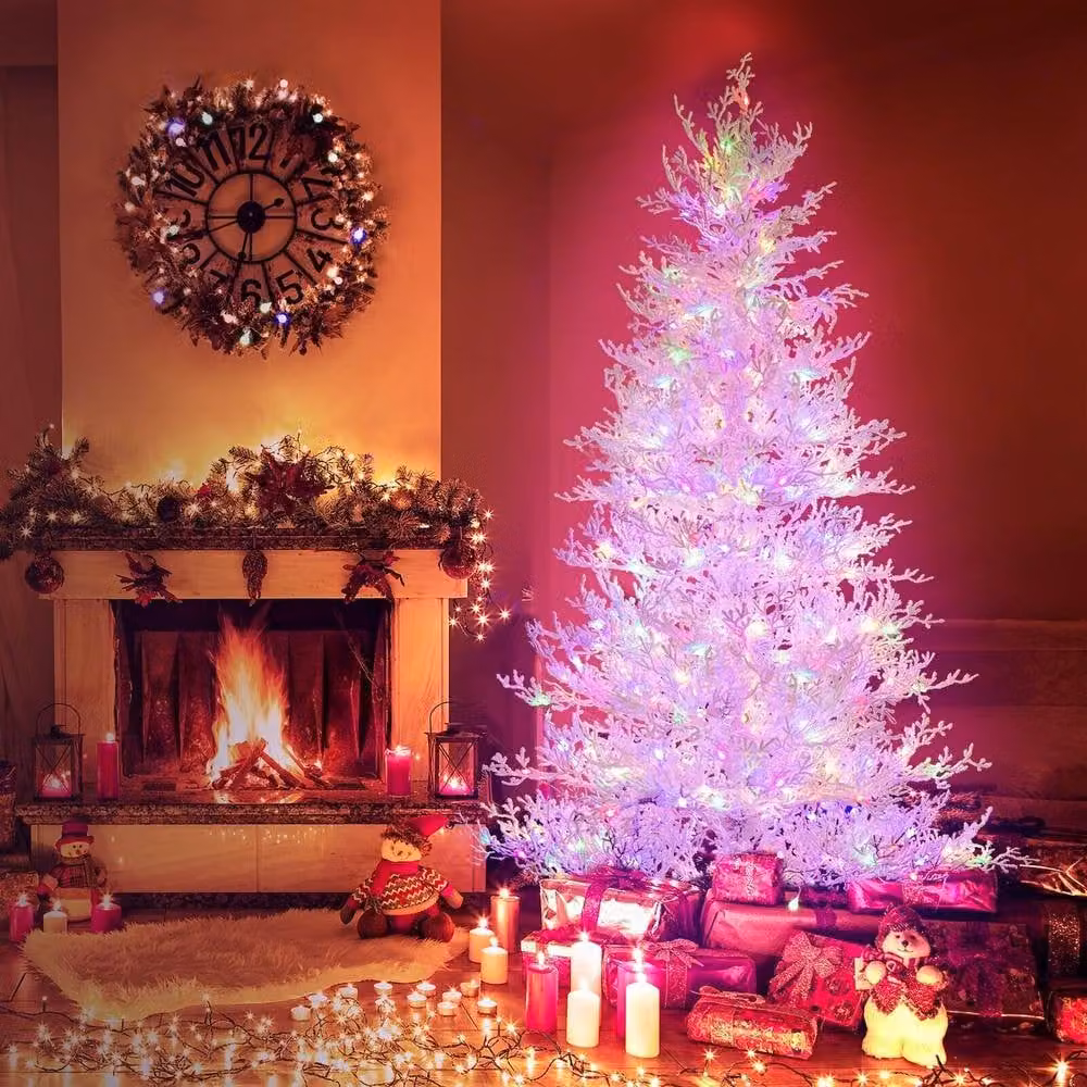 Costway 6ft Pre-Lit Flocked Artificial Christmas Tree with 300 LED Lights in White – 3