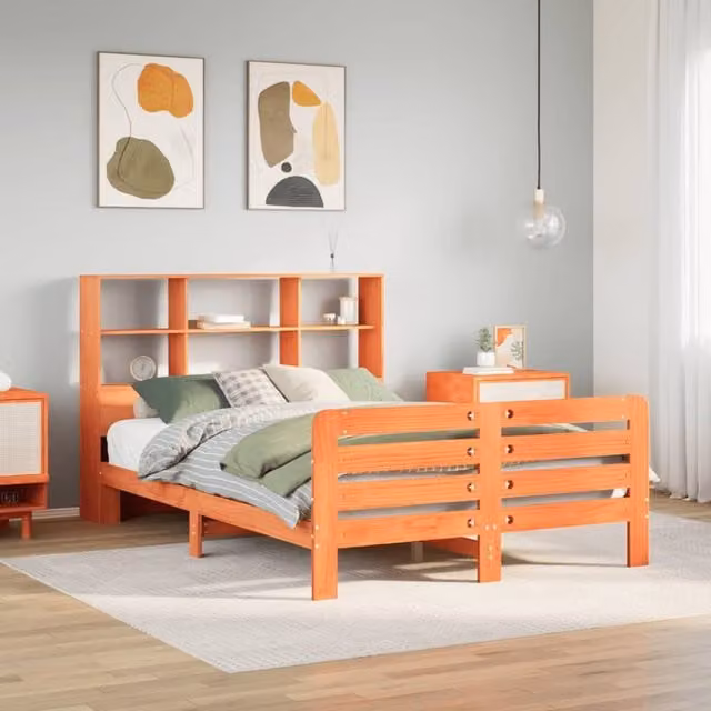 Berkfield Home Wax Brown Solid Wood Pine Bed Frame with Side Compartments W/D/H: 140 x 200 cm