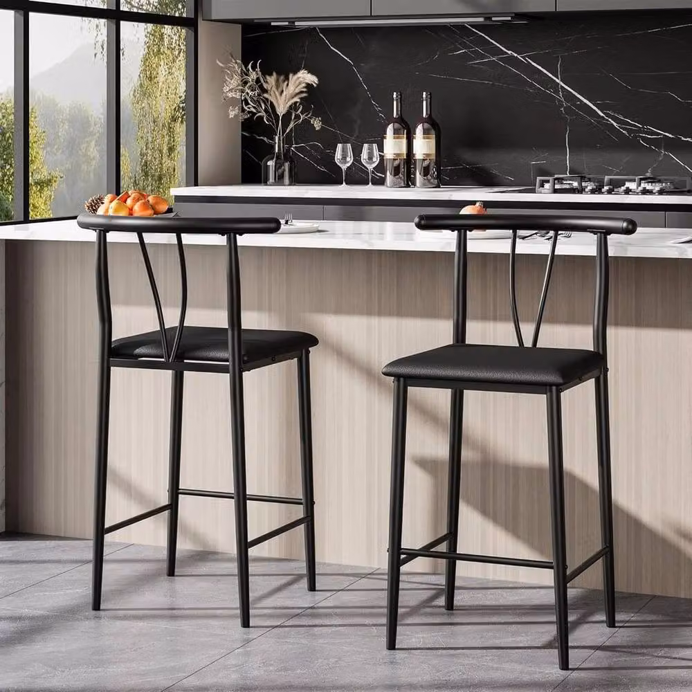KORVIXA Set of 2 Modern Black Synthetic Leather Kitchen Barstools with Backrest and Footrest – 5