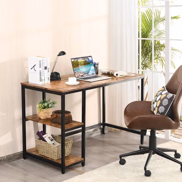 Costway Industrial Computer Desk with Storage Shelves in Brown, W: 120 cm, D: 60 cm