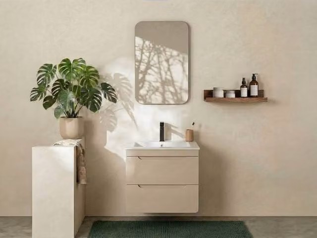 Vente-unique Suspended Bathroom Vanity Unit with Inset Basin, Beige and White, W: 60 cm, D: 46 cm, H: 59 cm