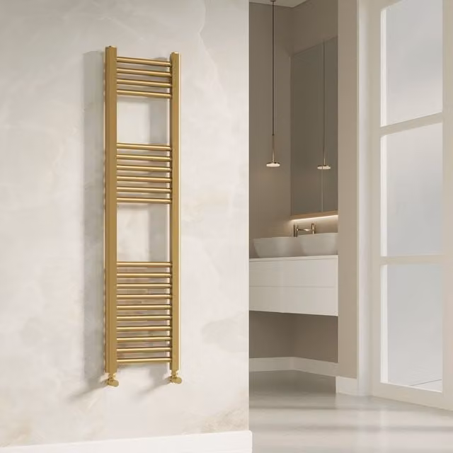 Banyetti Aureli Brushed Brass Ladder Towel Rail Radiator in Gold, W: 1200 mm, D: 120 mm, H: 300 mm