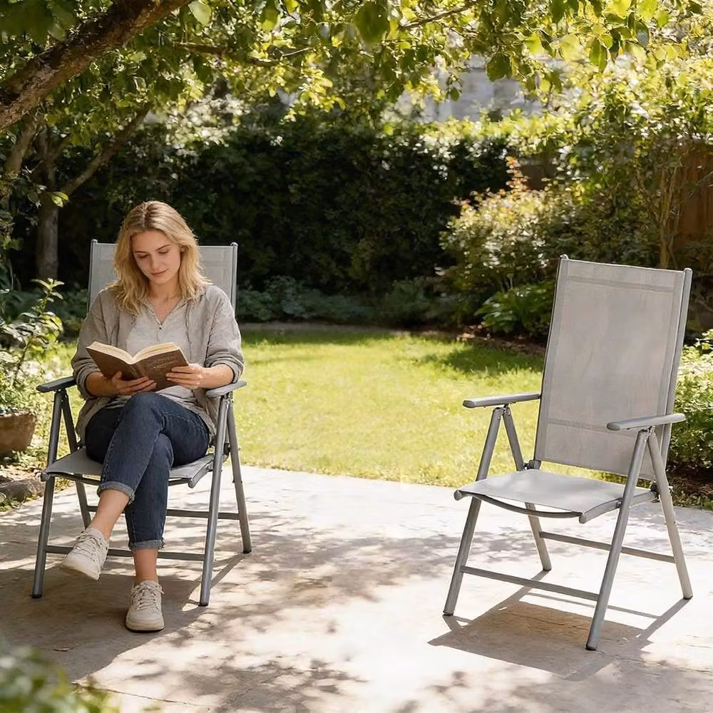KORVIXA Set of 2 Grey Metal Folding Patio and Garden Chairs – 3