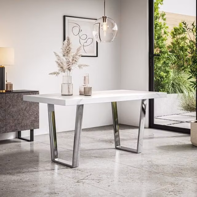 More4Homes Aria 4-6 Seater Rectangular Dining Table with White Marble Top and Chrome Sled Base Legs, W: 160 cm, D: 80 cm, H: 76 cm