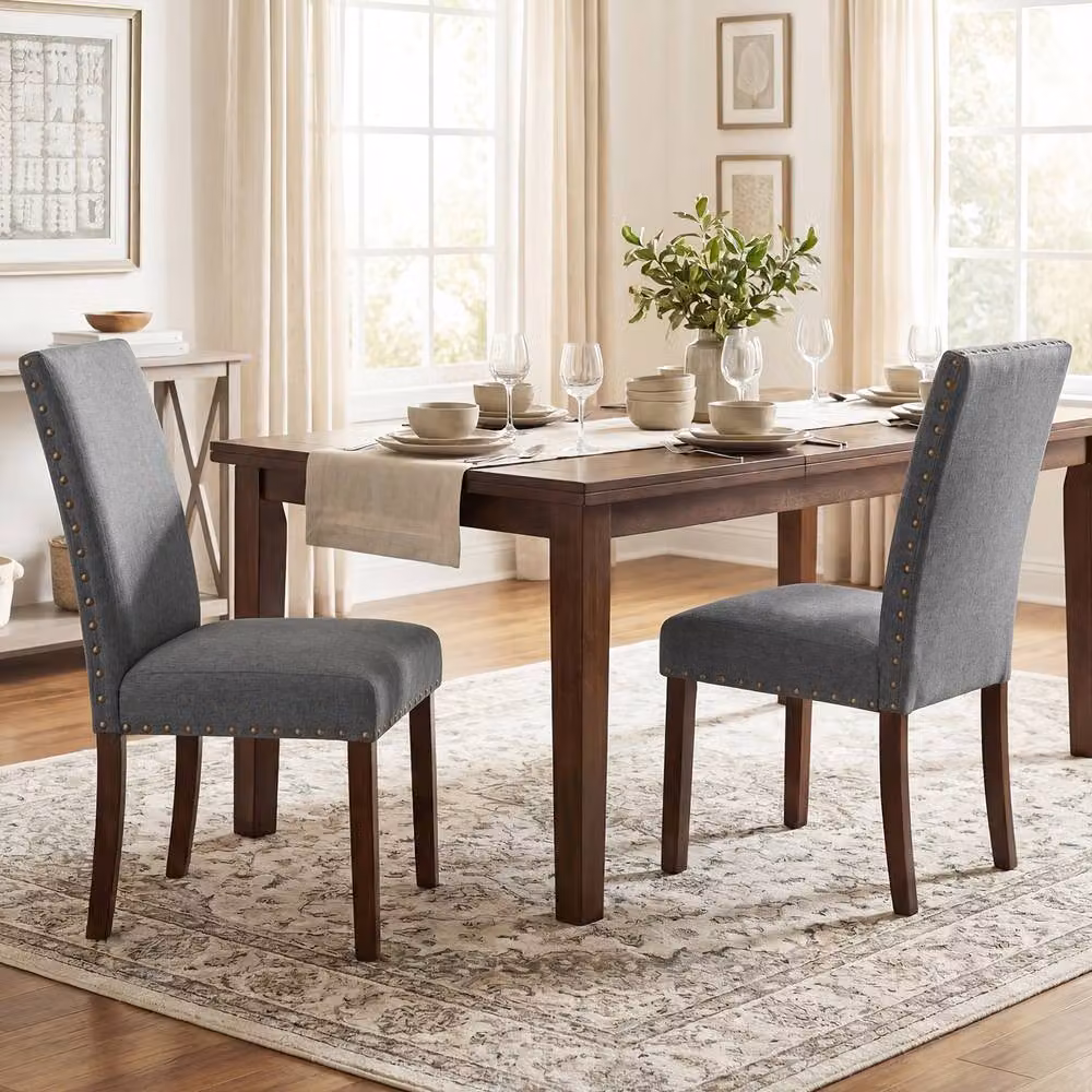 Costway Set of 2 Grey Upholstered High Back Dining Chairs with Rubberwood Legs – 4