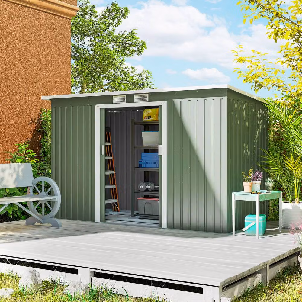 Rolipo Metal Garden Shed with Foundation Kit and Apex Roof, Light Green, W: 274 cm, D: 122 cm, H: 203 cm – 3