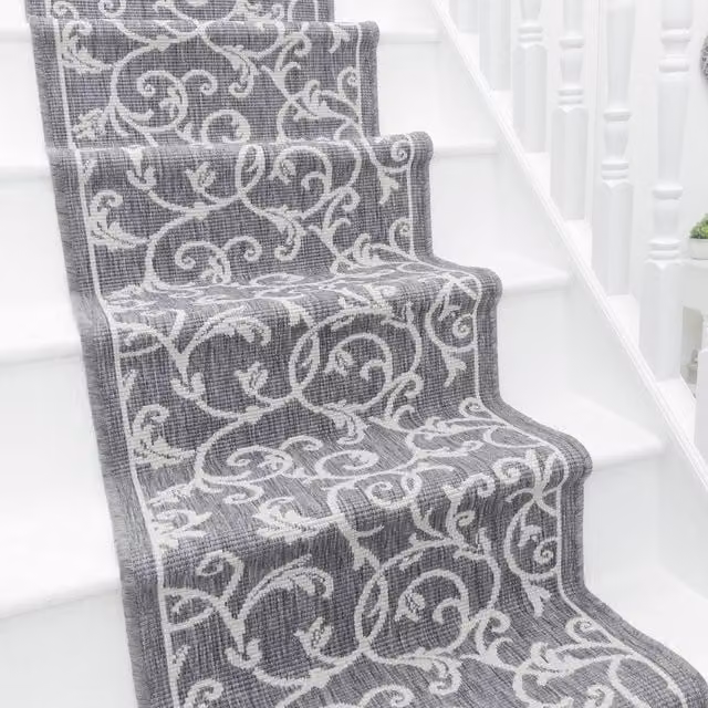 runrug Ivy Reversible and Durable Floral Stair Runner Carpet, Grey, W: 60 cm, L: 510 cm