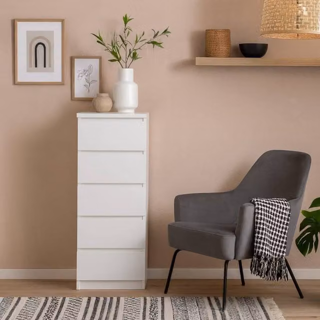 Wyld Haus Budapest White Narrow 5 Drawer Chest of Drawers