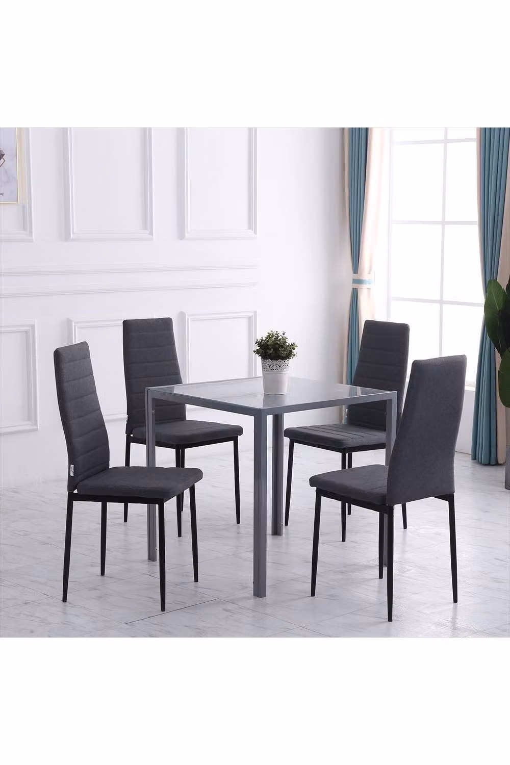 ERGOVEXA High Back Dining Chairs in Grey Upholstered Linen-Touch Fabric – 2