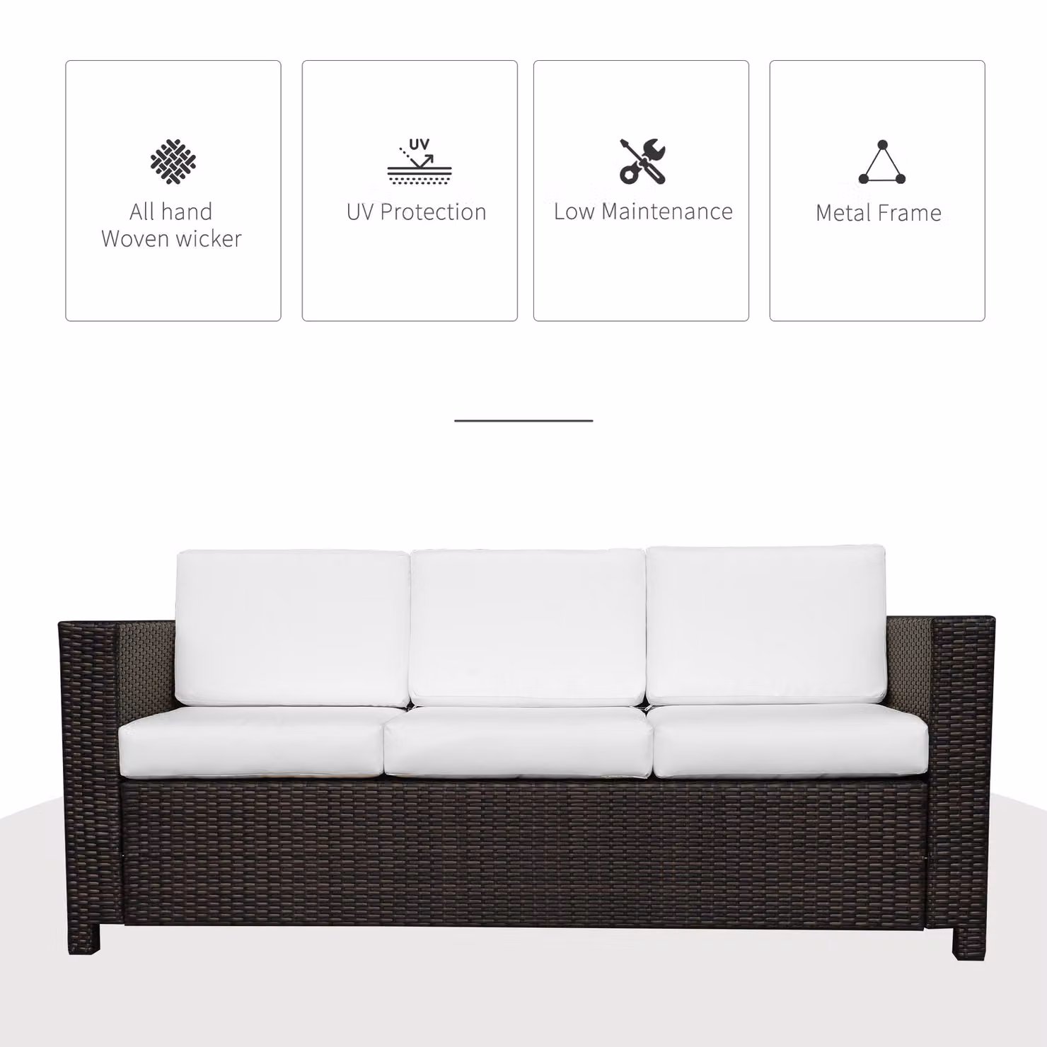 Outsunny 3 Seater All Weather Outdoor Sofa in Brown with Wicker Weave Metal Frame and Fire Resistant Cushions – 4