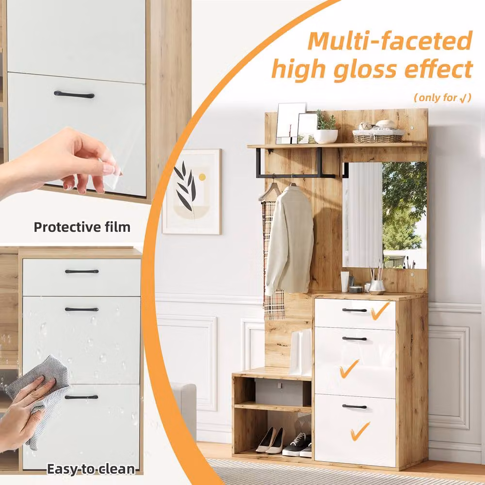Merax Entryway Cloakroom Unit with Mirror, Coat Rack, Shoe Bench and Drawer in Natural and White, W/D/H: 120 x 38.5 x 190 cm – 3