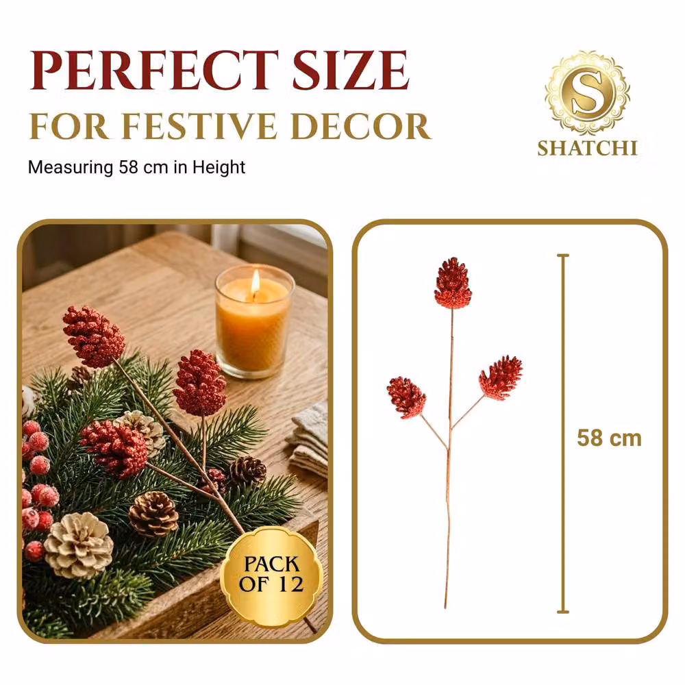 Shatchi Red Glitter Pine Cone Christmas Picks, 6 Pack, Height: 58 cm – 3
