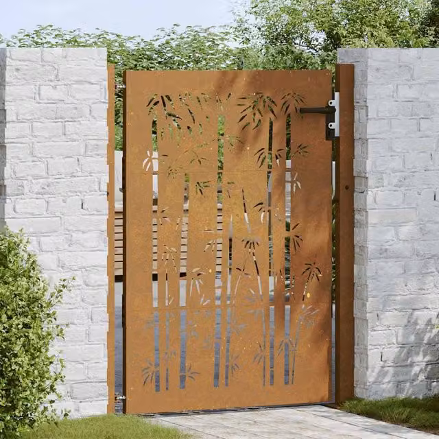 Berkfield Home Beautiful Garden Gate, Brown Corten Steel with Bamboo Design, W: 105 cm, H: 130 cm – 1