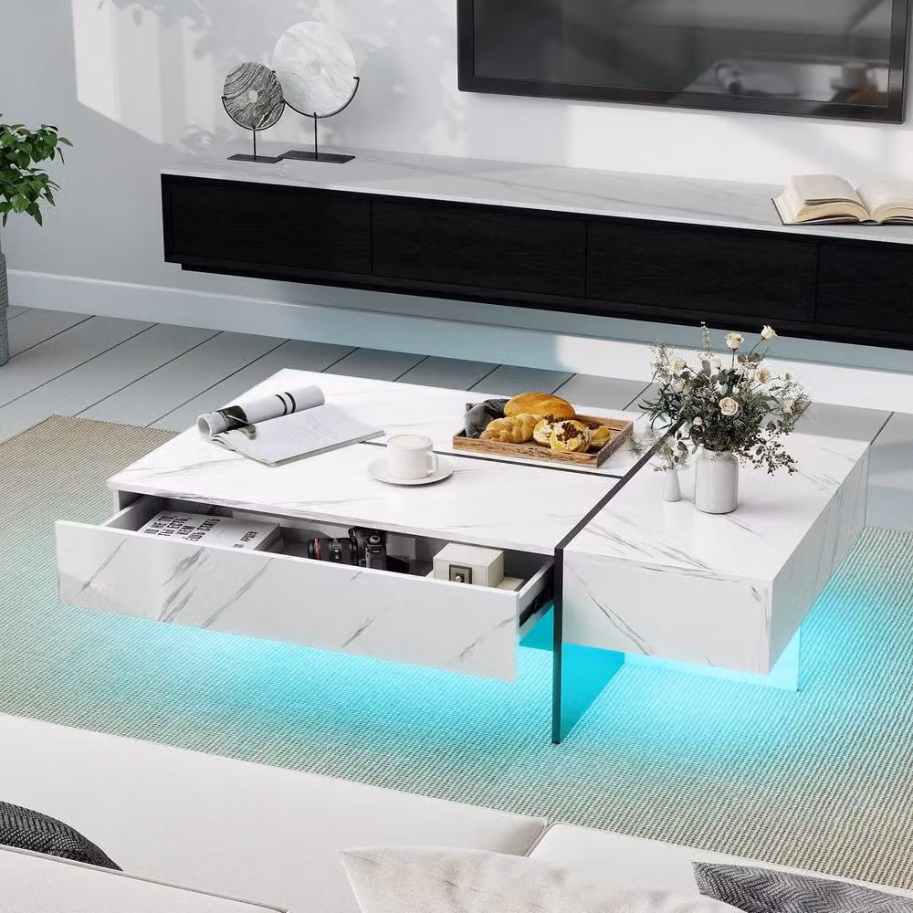 Costway Modern Rectangular LED Coffee Table with 3 Drawers in White – 6