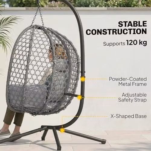 Outsunny Rattan Hanging Egg Chair with Stand in Dark Grey – 3