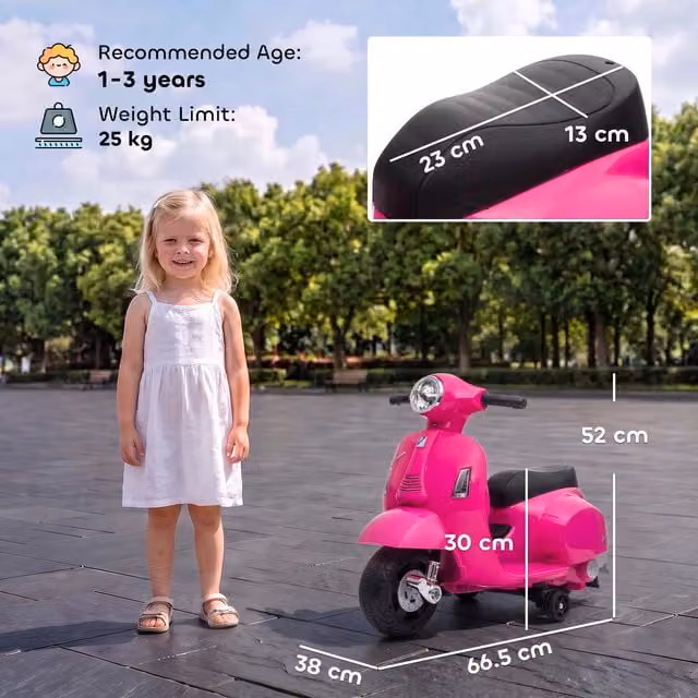 HOMCOM Licensed Vespa 6V Electric Ride On Motorcycle for Kids in Pink with Light and Sound Effects, Max. 25kg