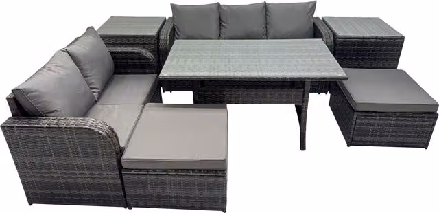 Fimous 7-Seat PE Rattan Outdoor Garden Sofa and Dining Set in Dark Grey Mixed