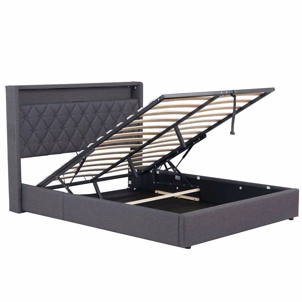 BTM Grey Upholstered King Size Ottoman Bed Frame with Hydraulic Storage, USB Charging Port and Under-Bed Lighting, W/D/H: 180 x 200 cm – 10