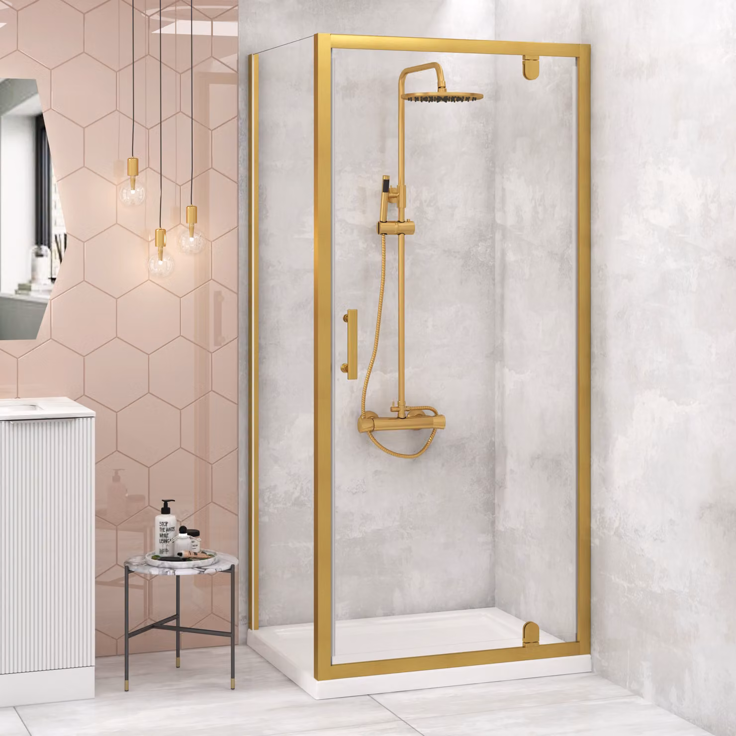 Royal Bathrooms Venice Square Pivot Door Shower Enclosure with Tray, Gold, W: 90 cm, D: 90 cm, H: 185 cm, 6mm Glass