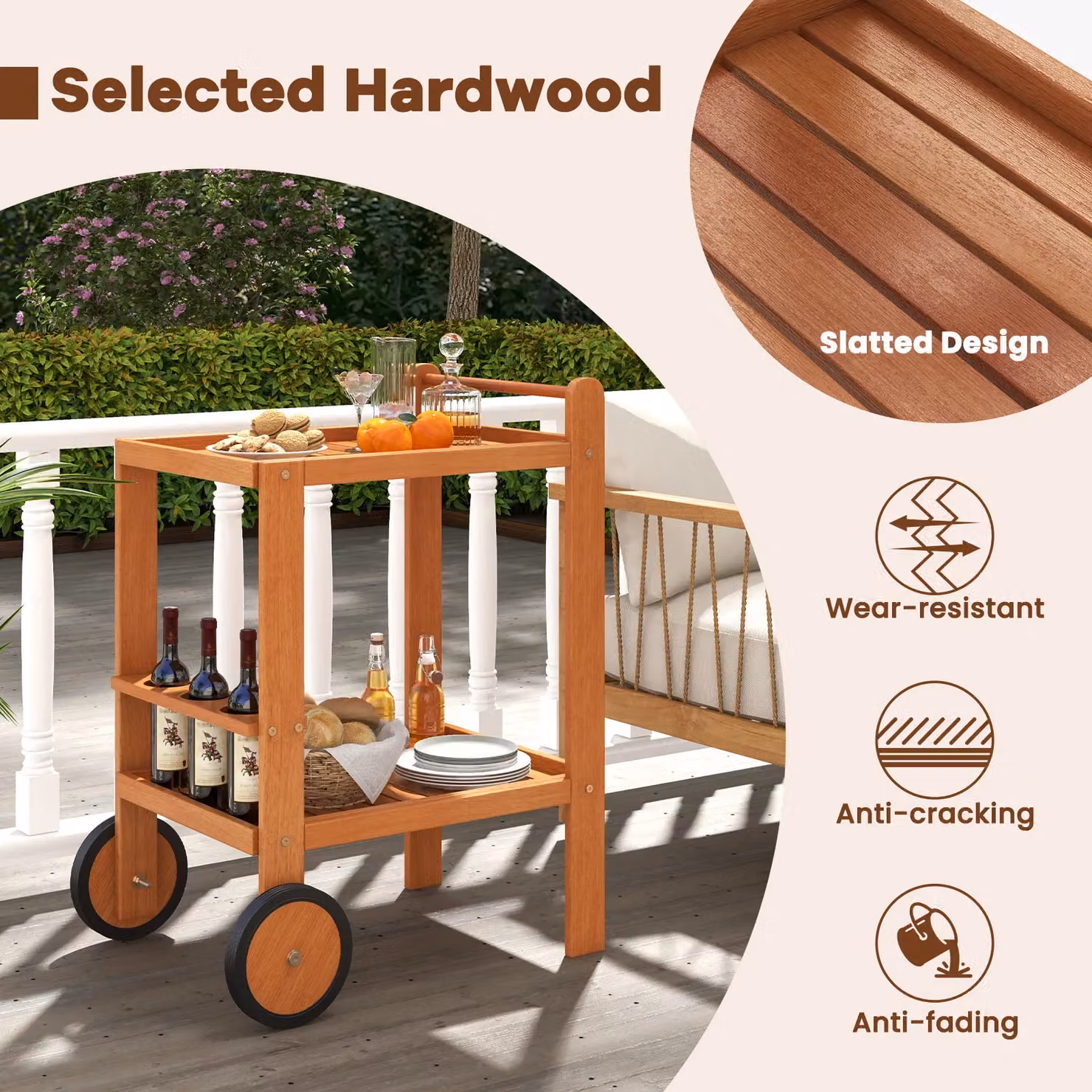 Gymax 2-Tier Wood Rolling Bar Cart with Wine Bottle Holders in Beige and Brown – 7