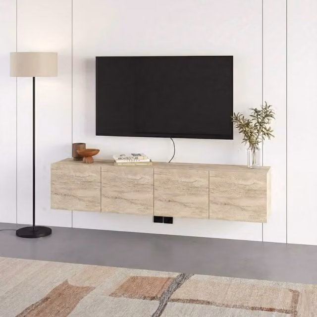 Decortie Combe Wall-Mounted Floating TV Unit 2 Pack in Beige with Soft-Close Doors, W/D/H: 180 x 35 x 38 cm – 1
