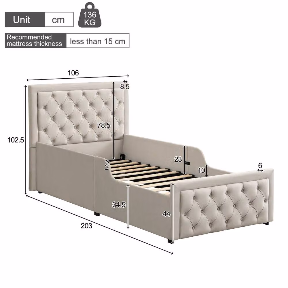 Rolipo Beige Velvet Single Children's Bed with Hydraulic Storage W/D/H: 90 x 190 cm – 4