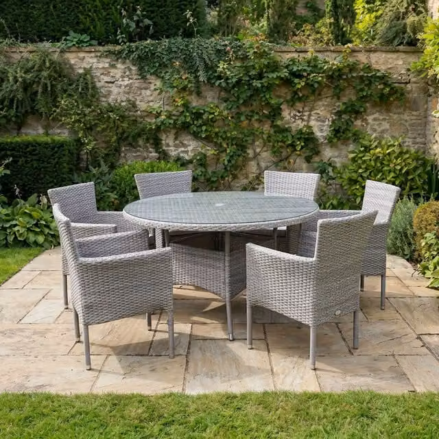 Madrid 6 Seater Modern Dining Set in Grey with Glass, Metal and Rattan