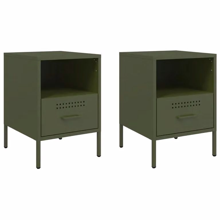 Berkfield Home Set of 2 Industrial Metal Bedside Cabinets in Olive Green, W/D/H: 36 x 39 x 50.5 cm