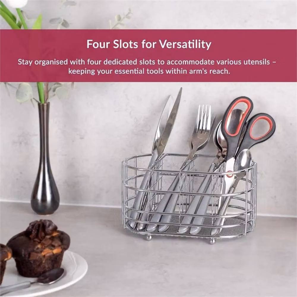 KORVIXA Silver Chrome Metal Cutlery Caddy Oval Kitchen Utensil Holder – 3