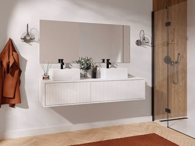Vente-unique Ribbed Suspended Bathroom Cabinet with Double Basin, White, W: 150 cm, D: 47 cm, H: 32 cm – 1