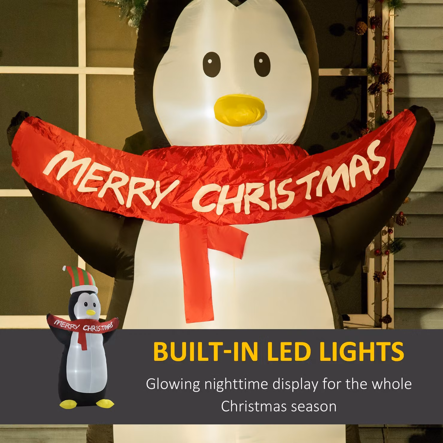 HOMCOM 243cm Inflatable Penguin Christmas Decoration with Merry Christmas Banner and LED Lights for Indoor and Outdoor Use – 4