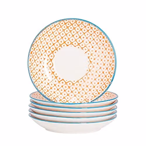 Nicola Spring Hand Printed Floral Stoneware Cappuccino Saucers, Orange, Pack of 6, Diameter: 14.5 cm