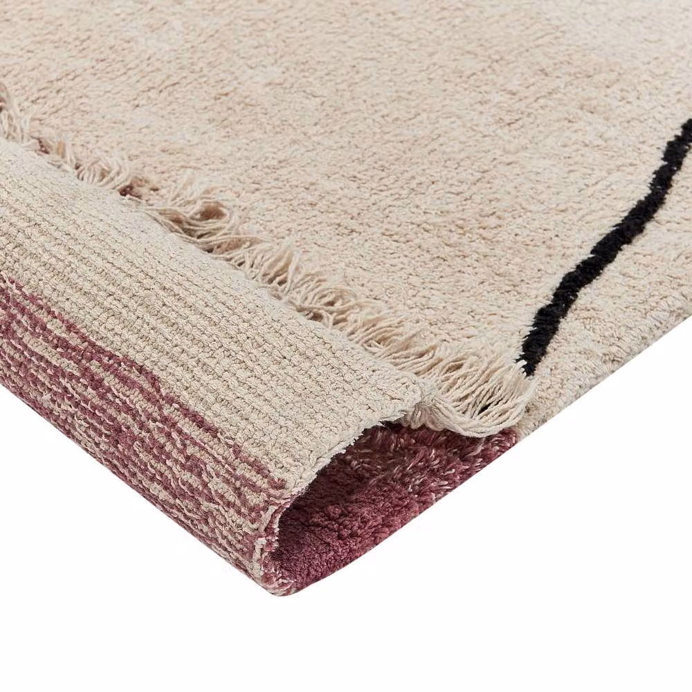 Wyld and Coco Boho Geometric Woven Cotton-Blend Rug in Beige, Black and Pink with Fringes, W: 140 cm, L: 200 cm – 3