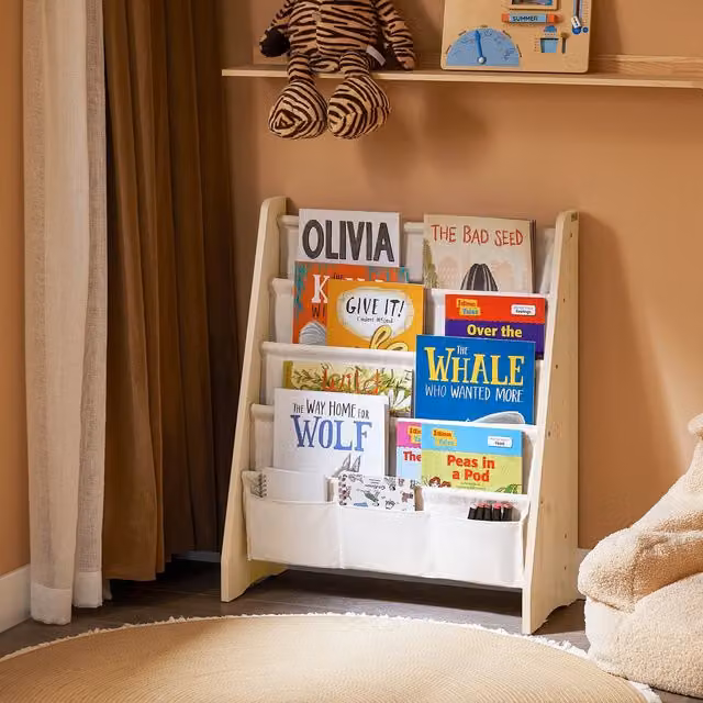 SoBuy Minimalist Kids Bookcase with 4-Tier Fabric Pocket Storage in White and Beige