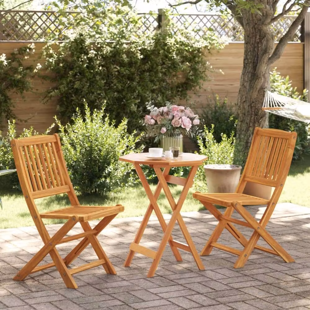 Berkfield Home Beautiful 3 Piece Folding Bistro Set in Brown Solid Acacia Wood, H 75 x W 60 x D 60 cm – 1