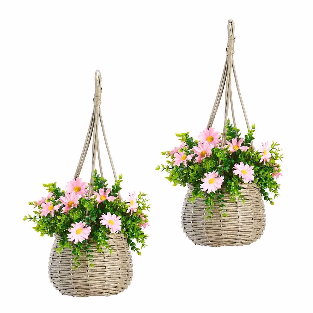 Coopers of Stortford Set of 2 Artificial Daisy Hanging Baskets in Multicolour Rattan Style – 2