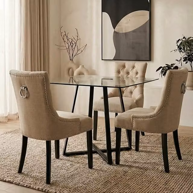 Orsina Modern Square Glass Dining Table with Black Metal X-Frame Base W/D/H: 90 x 90 x 76 cm