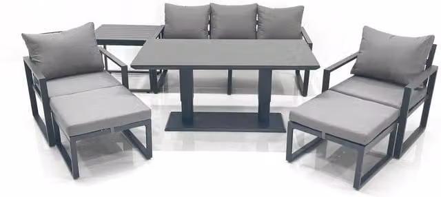 Fimous Outdoor Aluminium Garden Furniture Set in Dark Grey with Adjustable Rising Dining Table, 3 Seater Sofa, 2 Chairs, 2 Large Footstools and Side Table – 1