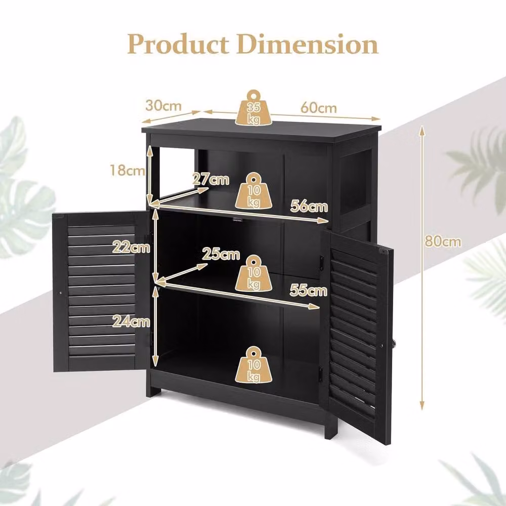 FLAVORA Black Matt Freestanding Bathroom Cabinet with Internal Shelves and Hinged Doors – 2