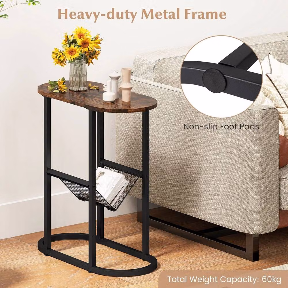 VOGREX Set of 2 Brown 2-Tier Oval Side Tables with Magazine Rack and Sled Base – 6