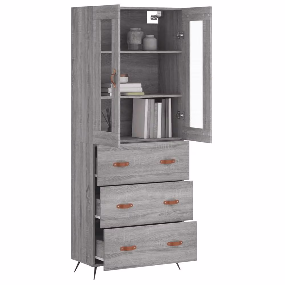 Berkfield Home Sonoma Highboard in Grey with Glass Doors and Internal Shelves, W/D/H: 69.5 x 34 x 180 cm – 2