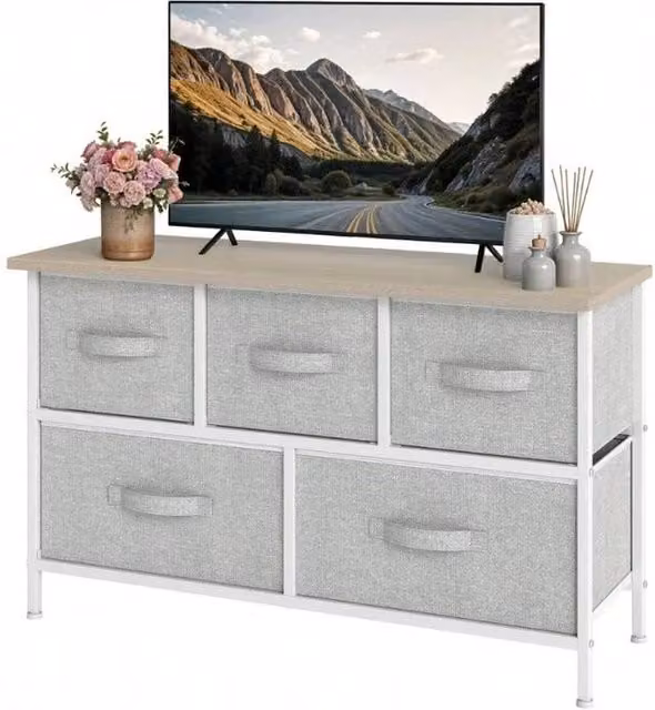 VOGREX Grey 5 Drawer Fabric Bedroom Storage Chest with Steel Frame – 1