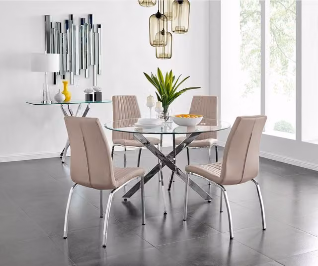 FurnitureboxUK Novara Round Glass and Chrome Metal Dining Table and 4 Isco Chairs Set in Cappuccino, Diameter: 120 cm